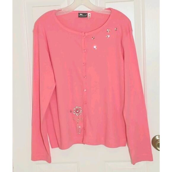 Sunburst Button Up Top Wmn's Sz M Pink Long Sleeve Soft Knit Embellished Cotton - Picture 9 of 9